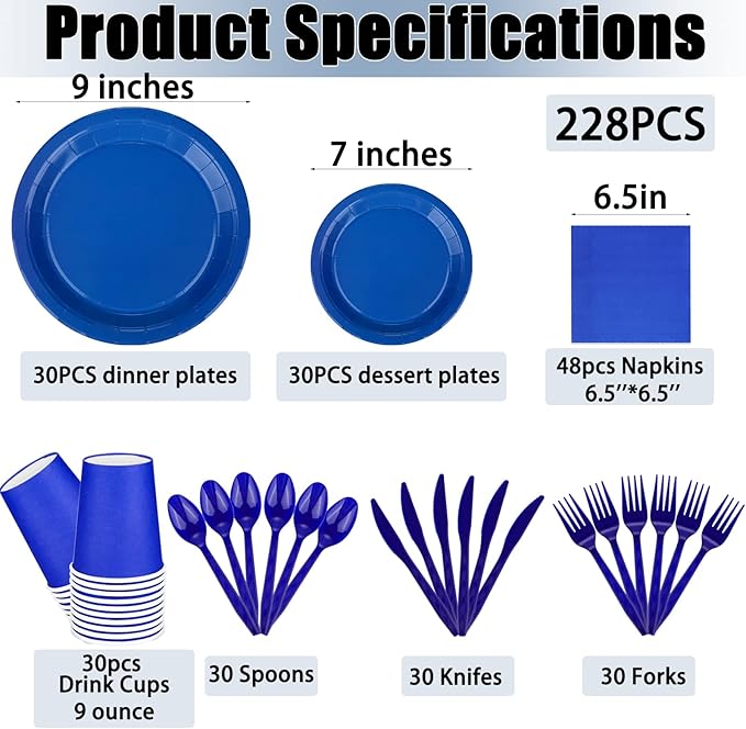 228PCS Blue Party Supplies Set Include Paper Plates Cups Blue Napkins Plastic Spoons Forks Knives for 30 Guests Disposable Party Dinnerware for Birthday Wedding Family Picnic