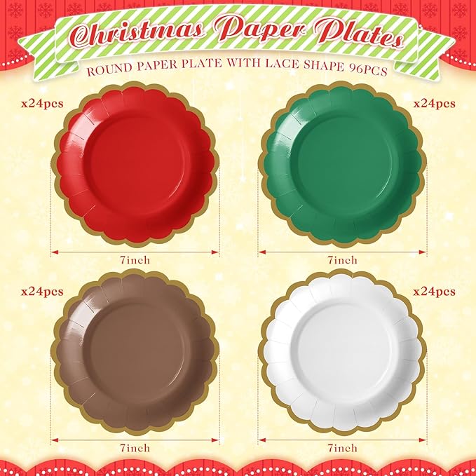 96 Pcs Christmas Paper Plates 7 Inch Red Green White Dessert Scalloped Edge Disposable Dinner Plates for Fall Halloween Wedding Birthday Baby Shower Party Supply