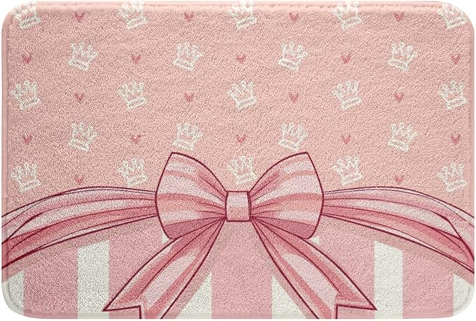 Pink Bowknot Kids Bath Mats,Cartoon Crown Love Heart Princess Mats Rugs for Girls,Geometric Stripe Bow Tie Patchwork Bath Carpets,Dreamy Chic Bath Rugs,Absorbent Floor Mats,16Wx24L Inches