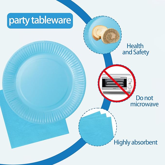 210-Piece Disposable Light Blue Paper Plates Party Supplies - Party Plates, Cups, And Napkins Sets, Light Blue Plastic Silverware, Serves 30 People