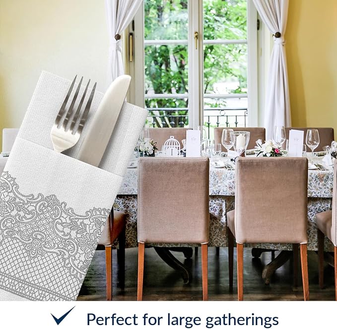 PAW - Linen Feel Napkins with Built-in Flatware Pocket, Soft and Absorbent Paper Pre-Folded Napkins with Silver Lace, Elegant Guest Towels, Wedding Party, Dinner, Birthday, Gatherings, 50 Count