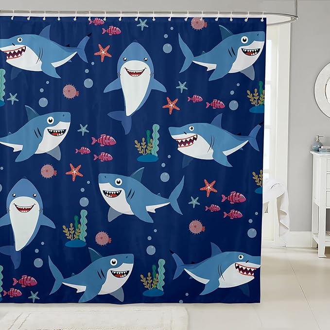 Shark Pattern Waterproof Shower Curtains Luxury Heavy Fabric Bathroom Shower Curtain Cartoon Shark Hotel Home Dorm Bathtubs Decor Shower Curtain Machine Washable Grommet Curtain 72 x 84 Inch