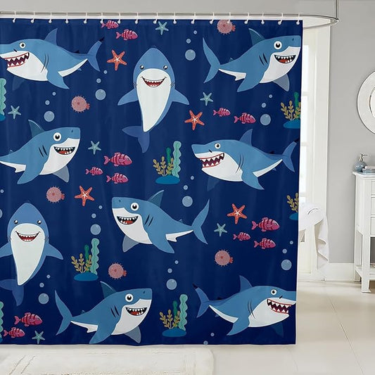 Shark Pattern Waterproof Shower Curtains Luxury Heavy Fabric Bathroom Shower Curtain Cartoon Shark Hotel Home Dorm Bathtubs Decor Shower Curtain Machine Washable Grommet Curtain 72 x 84 Inch