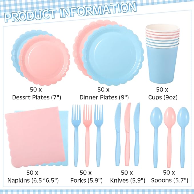Ziliny 350 Pcs Pink Blue Plates and Napkins, 50 Guest Spring Party Supplies Include Scalloped Paper Plates Napkins Cups Plastic Spoons Forks Knives Disposable Tableware Set for Baby Shower