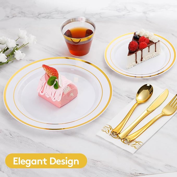 Goodluck 700 Pieces Gold Dinnerware Set for 100 Guests, Disposable for Party, Include: 100 Gold Rim Dinner Plates, 100 Dessert Plates, 100 Paper Napkins, 100 Cups, 100 Plastic Silverware Set