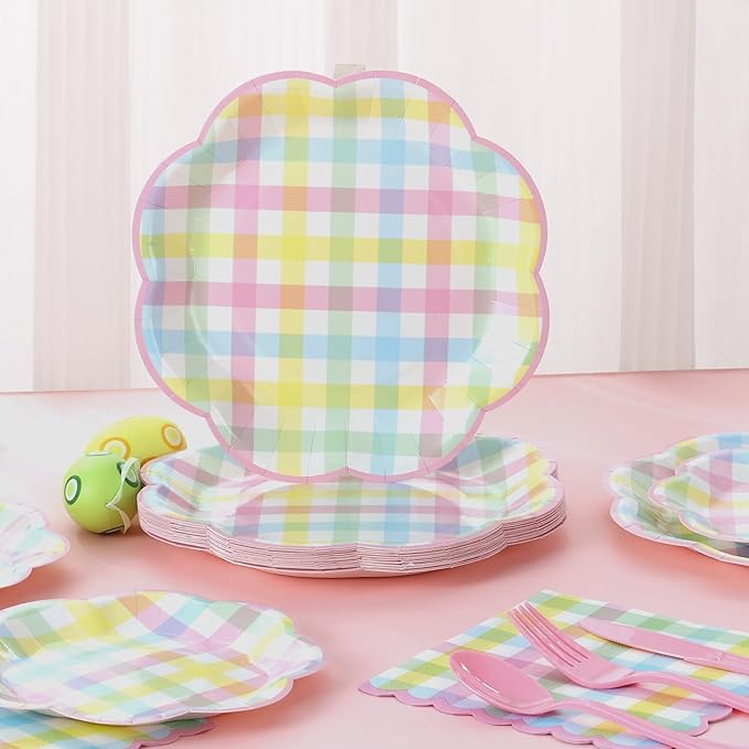 175 Pcs Easter Checkered Plates and Napkins Party Supplies - Easter Paper Plates Sets Serve 25 Guests - Spring Pink Blue Yellow Pastel Plaid Plate for Picnic Easter Birthday Party Decorations