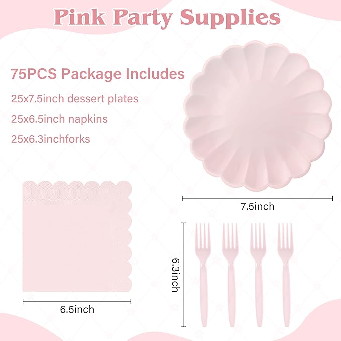 75 Pcs Pink Paper Plates and Napkins Disposable Tableware Set Include Light Pink Scalloped Plates with Shell Edge, Napkins & Forks for Mother's Day Wedding Baby Shower Birthday, Serve for 25 Guests