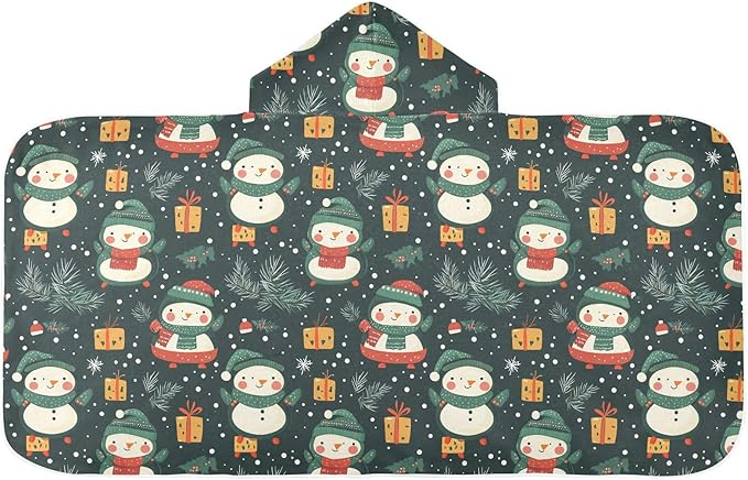 Kids Beach Towels Cartoon Cute Snowman Christmas Green Hooded Towels for Kids Absorbent Bath Towels with Hood
