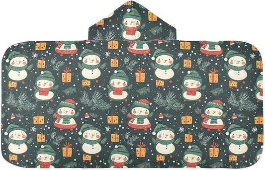 Kids Beach Towels Cartoon Cute Snowman Christmas Green Hooded Towels for Kids Absorbent Bath Towels with Hood
