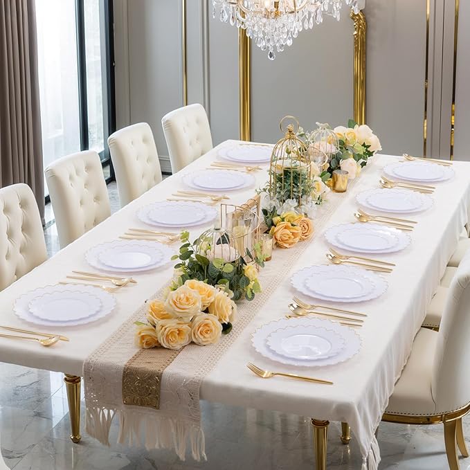 LIYH 120 Pcs White Plastic Scalloped Plates - Gold Fancy Disposable Plastic Plates Includes 60 Dinner 10.25" & 60 Dessert Plate 7.5" Elegant Gold Rim for Party Birthday Day