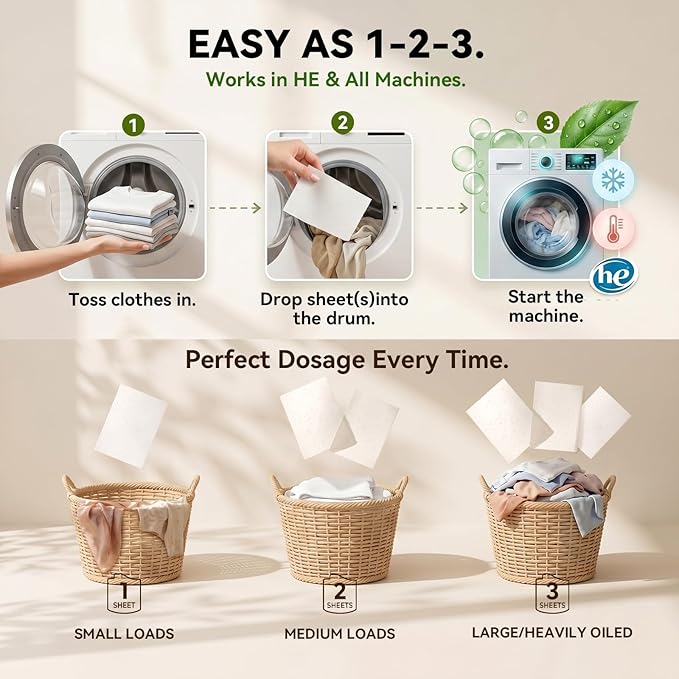 Laundry Detergent Sheets 120 Loads Stain-Fighting Enzymes - Plant Powered Fragrance Microcapsules Eco-Friendly Laundry Soap Sheets - Home or Travel Flax scent 60 sheets
