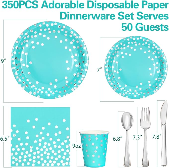 350PCS Teal Birthday Decorations and Silver Party Decorations for Wedding Princess,Teal Plates with Silverr Dot and Silverr Plastic Cutlery Serve 50 Guests