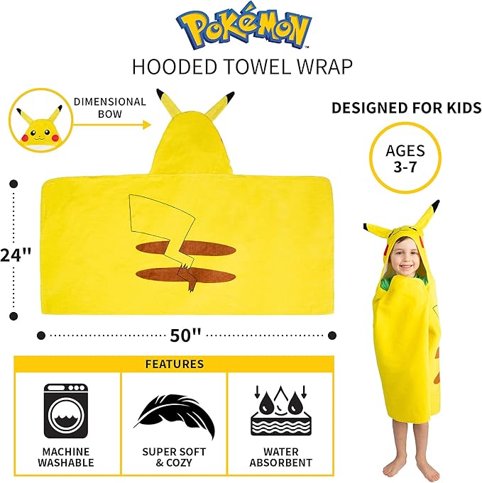 Pokemon Pikachu Bath and Beach Soft Cotton Terry Hooded Towel Wrap, 24" x 50", (Officially Licensed Product) by Franco