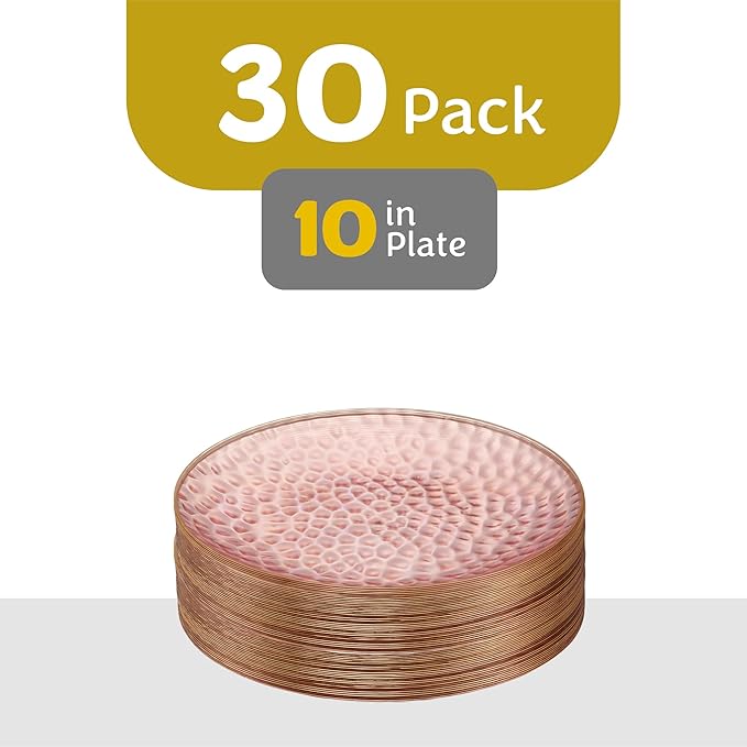 PLASTICPRO 30 Pack Hammered Plastic Plates Heavyweight Disposable Plastic Plates Elegant Clear Platsic Party Dishes (Hammered Pink With Gold Rim, 10'' INCH PLATES)