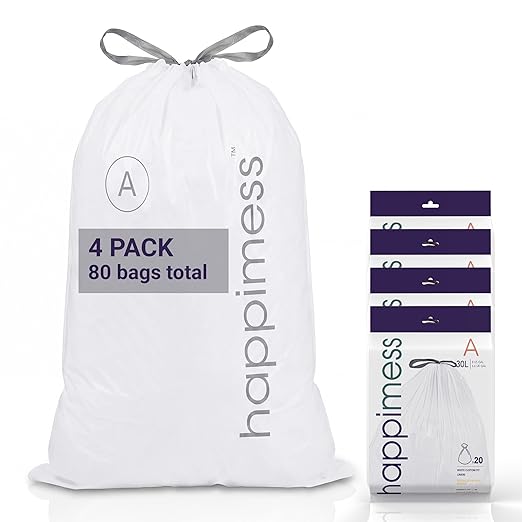 happimess 8 Gallon (30L) Drawstring Trash Bags, Unscented, White, Heavy Duty LDPE Liners for Kitchen and Household, Custom Fit 80 Count (4 Packs of 20 Liners) HPM3000A-W-4SET