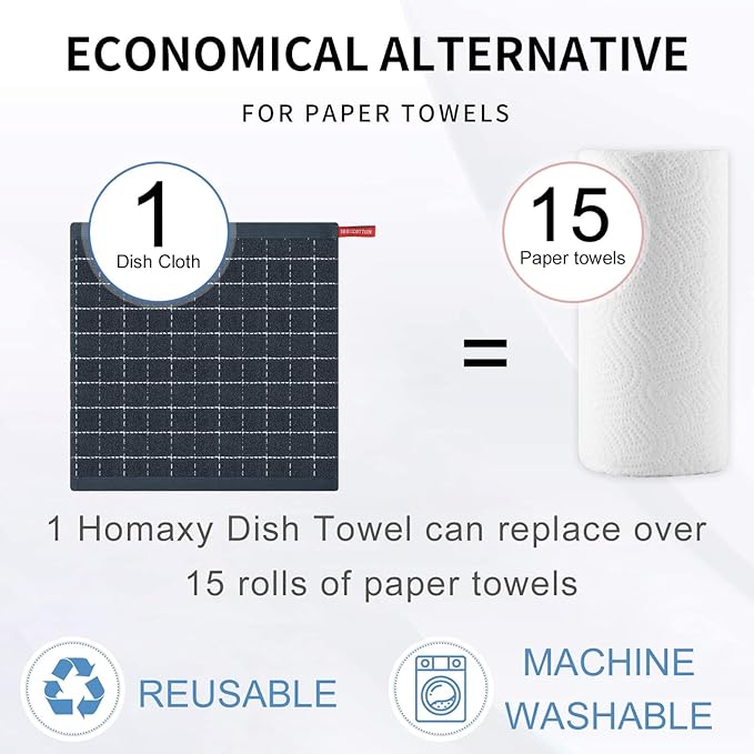 Homaxy 100% Cotton Terry Kitchen Dish Cloths, Ultra Soft and Absorbent Dish Towels for Kitchen, Suitable for Drying and Washing Dishes, 18 Pack, 12 x 12 Inches, Dark Grey