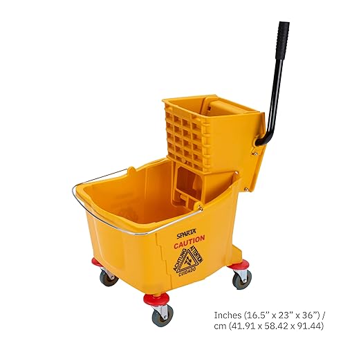 Carlisle FoodService Products 35-Quart Commercial Mop Bucket with Side-Press Wringer, Integrated Pour Spout, and Smooth Rolling Casters for Commercial Cleaning, Durable Polypropylene, Yellow