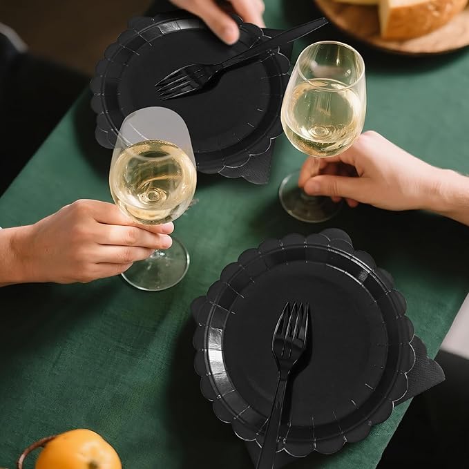 Black Paper Plates and Napkins,7 Inch Black Scalloped Disposable Dessert Plates Paper Napkin Fork Party Supplies for Wedding Baby Shower Birthday(25 Guest)