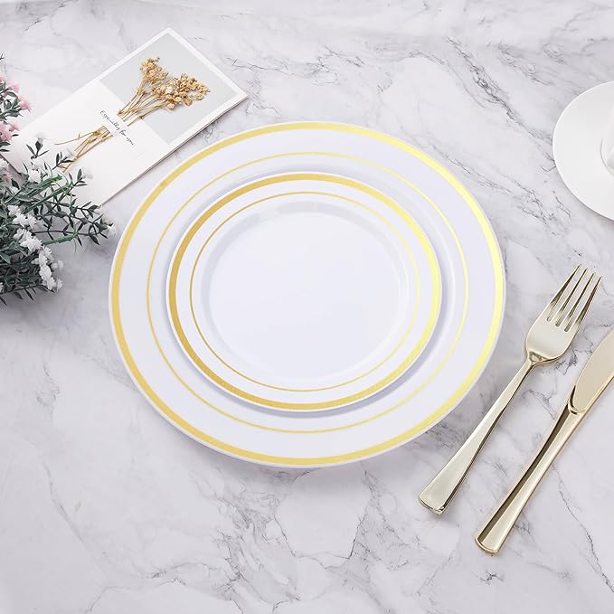 BESTVIP 100PCS Gold Plastic Plate, 7 Inch Disposable Dessert Plate Party with Gold Rim, Heavy Duty Disposable Plastic Plates for Party, Wedding and Birthday