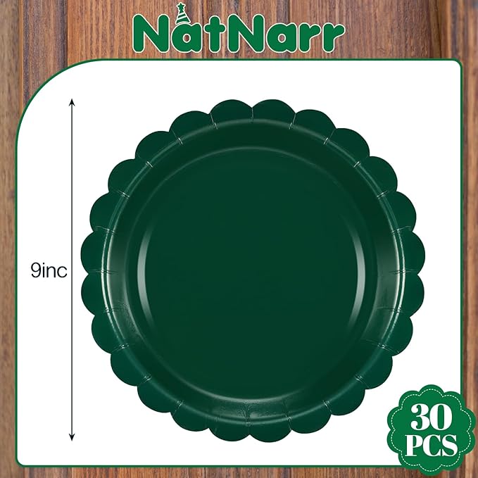 NatNarr 30 Pcs Dark Green Plates 9 Inch Scalloped Green Paper Plates Disposable Dessert Dinner Plate for Wedding, Master Party, Bridal Baby Shower