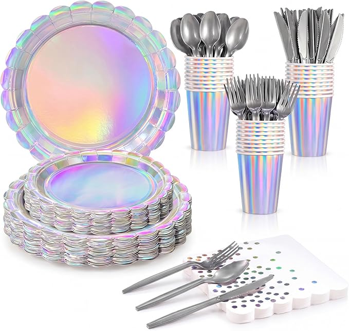 175 Pcs Iridescent Party Decorations Include 25 guest Scalloped Holographic Sliver Paper Plates and Napkins Set for Birthday, Bachelorette, Mermaid, Disco, Frozen