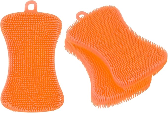 uxcell Silicone Dish Scrubber, 3 Pack Reusable Dishes Sponges Silicone Sponges Double Design for Kitchen Bathroom Cleaning Gadgets Accessories Countertop Cookware Pots Pans, Orange
