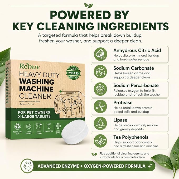 Renuv® Heavy Duty Washing Machine Cleaner For Dog & Cat Hair, Stink, Odor, Residue, Grime - For Front Load or Top Load Washer. HE and Septic Safe For Pet Owners. (12 XL Tablets - 1 Year Supply)