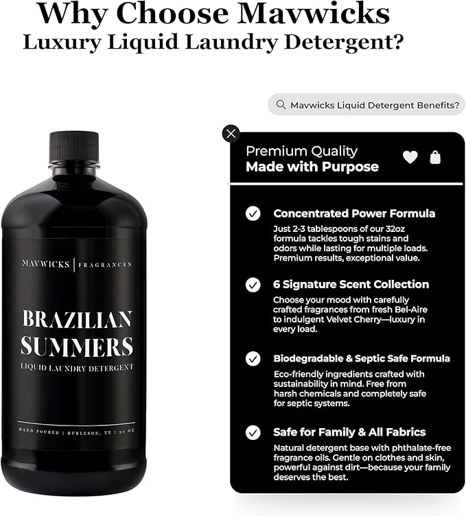 Mavwicks - Laundry Liquid Detergent (Brazilian Summers) - 32 Oz Laundry Perfume Bottle for Men & Women, Stain & Odor Remover, Deep Clean, Long-Lasting Fragrance and Freshness for All Fabrics
