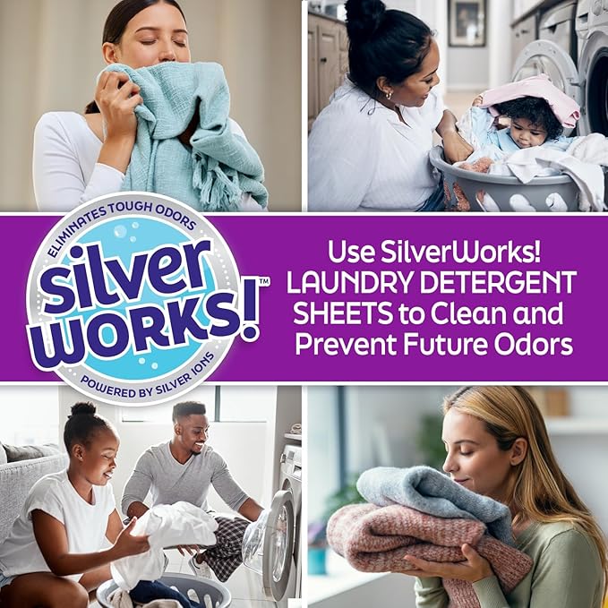 SilverWorks! Premium Dissolvable Laundry Detergent Sheets, Silver Ion Odor Elimination Technology, Powerfully Clean & Prevent Odors, Dissolves Fully, 40 Sheets, Free & Clear