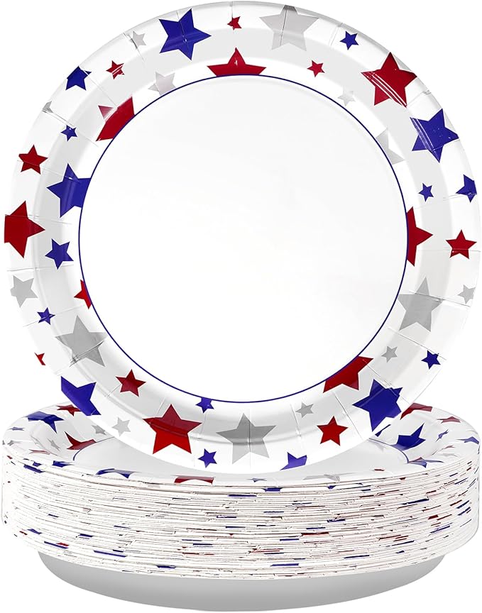 50Pcs Patriotic Paper Plates 10 Inch Large Heavy Duty 4th of July American Flag Disposable Platter Red Blue White Plate for 250 Anniversary President Election Memorial Independence Day Party Supplies