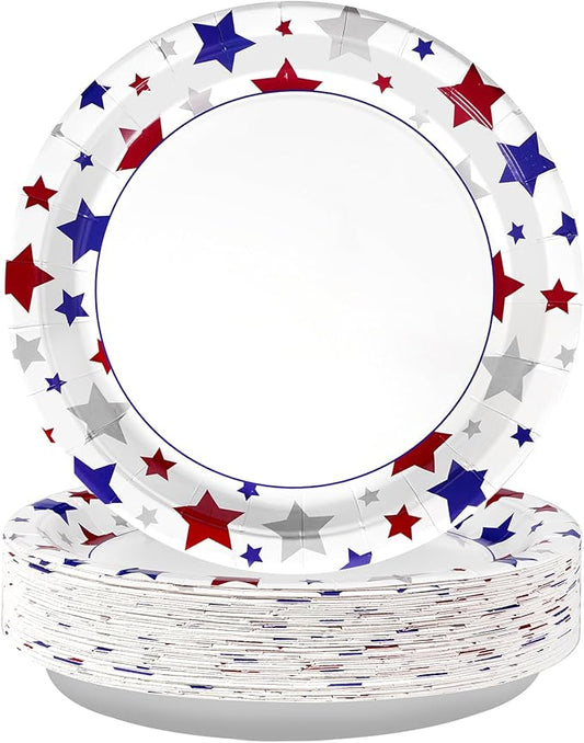 50Pcs Patriotic Paper Plates 10 Inch Large Heavy Duty 4th of July American Flag Disposable Platter Red Blue White Plate for 250 Anniversary President Election Memorial Independence Day Party Supplies