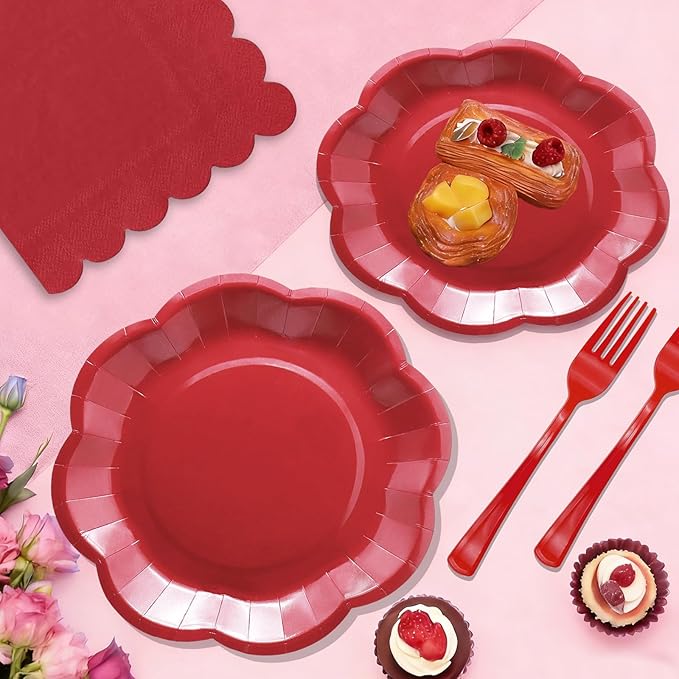 Red Paper Plates and Napkins Sets Party Supplies includes 7 inch Red Plates Disposable Scalloped Paper Napkins Plastic Forks for Birthday Cake Desserts Wedding Shower Valentines Party