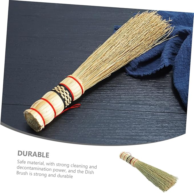 Natural Straw Scrub Brush for Kitchen Cleaning - Long Handle Dish Brush for Pots Pans and Wok - Essential Cleaning Tool for Home Use