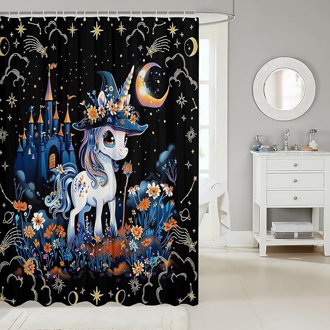 Cartoon Animals Shower Curtain with Hooks,Mysterious Castle Flower Starry Sky Room Decor Bath Curtain,Halloween Unicorn Bathroom Accessories Waterproof Panel,72x 84 Inches
