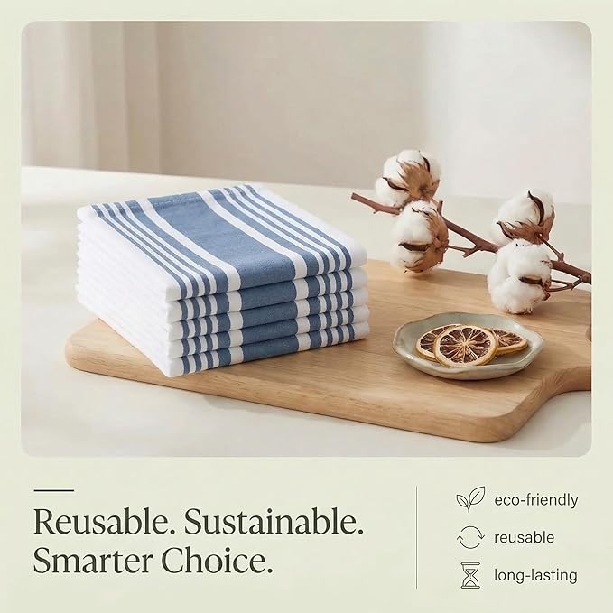 Urban Villa Kitchen Towels 100% Cotton Dish Towels for Kitchen (Set of 6) 20”x30” Dish Cloths Highly Absorbent Kitchen Linen Set with Hanging Loop Perfect for Drying Dishes Cleaning Towels-Blue White