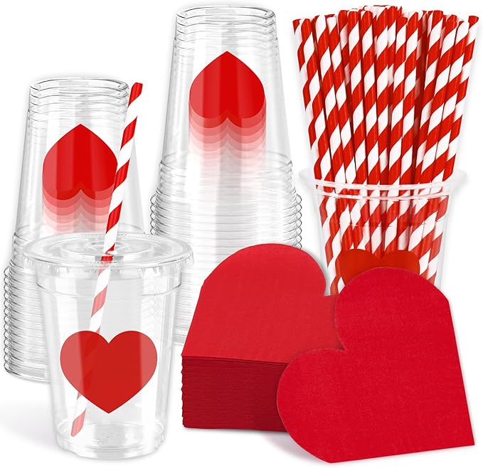 FYSUIMU Valentine' s Day Tableware Set Red Heart Shaped Paper Napkins 12Oz Disposable Plastic Cups with Lids and Straws for 50 Guests Wedding Anniversary Party Supplies Table Decor