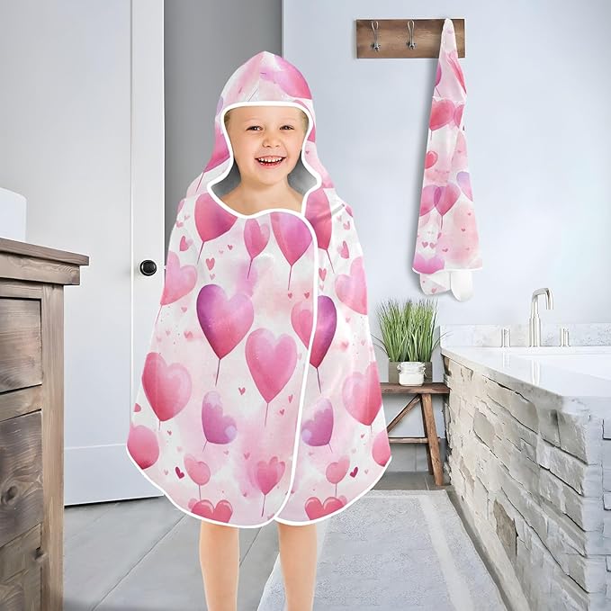Hooded Towel for Kids Heart Shape Balloon Beach Wrap Bath Towels 50x23.5in