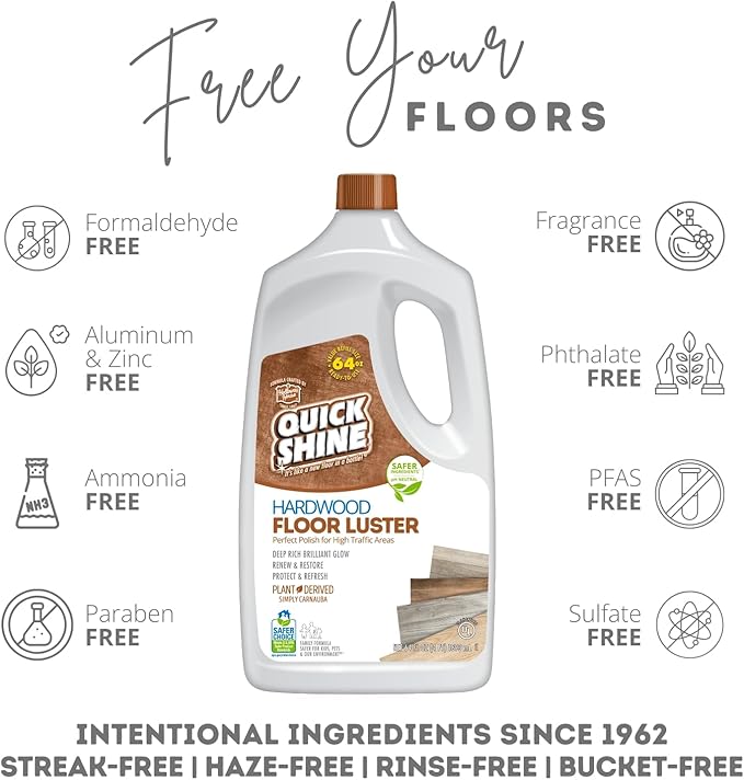 Quick Shine Hardwood Floor Luster-Polish 64oz-2pk Plant-Derived w/Carnauba Safer Choice, No PFAS, pH Neutral Ready to Use Formula w/Anti-Slip Technology Simply Squirt & Spread Made in USA