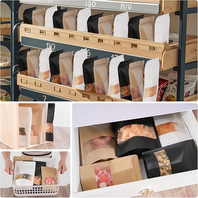 100 Pcs Black Kraft Paper Bags with Window, 5.5" x 7.9" Stand Up Pouches Bags, Food Storage Bags for Packaging Products, Reusable, Sealable