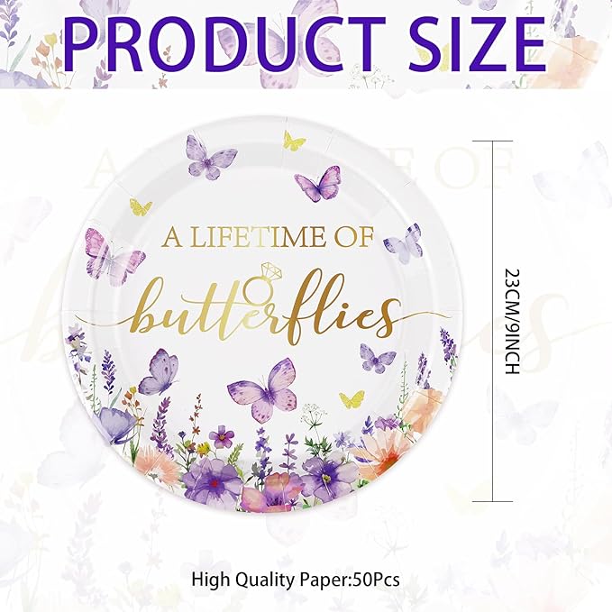 50Pcs Butterfly Bridal Shower Party Supplies Butterfly Paper Plates 9" Disposable Spring Watercolor Floral Dessert Platters A Lifetime of Butterflies Party Decorations for Wedding Engagement Party