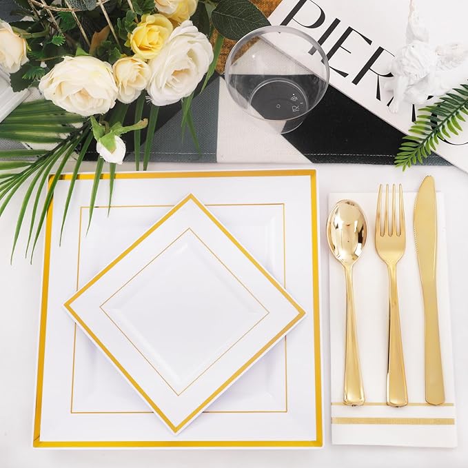 Festiva 350Pcs Gold Plastic Plates - Disposable Square Gold Plates Dinnerware set include 9.5"/6" Plates,Cups,Plastic Cutlery,Hand Napkins Perfect for 50 guests Party&Birthday&Wedding