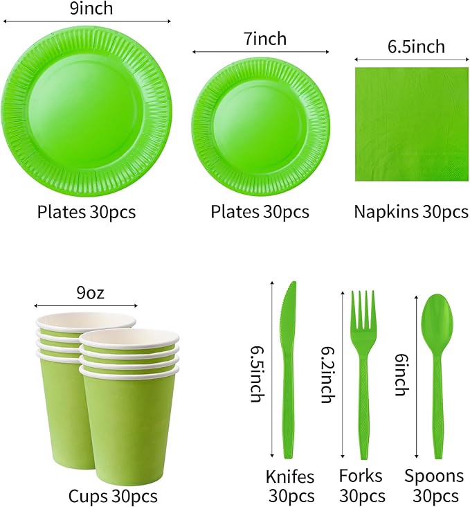210pcs green Plates And Cups Party Supplies -Green Party Plates Plastic Silverware, Paper Cups And Napkins Serves 30 (Lime Green Paper Plates)