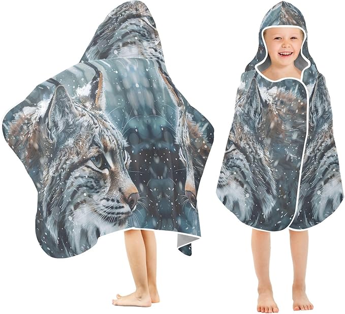 Hooded Towel for Kids Frosty Bobcat Stares Into The Snowy Forest Beach Wrap Bath Towels 50x23.5in