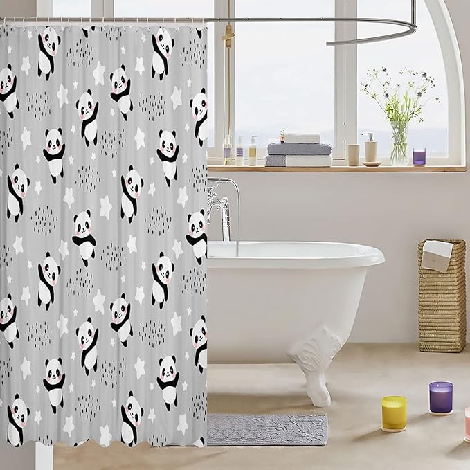 Homewish Cute Panda Shower Curtain Kawaii Animals Bathroom Shower Curtain Set for Kids Adult Black White Gray Bath Curtain Cartoon Panda Waterproof Curtains Room Decor 72 x 72 Inch