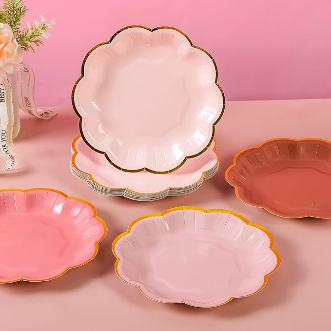 AimFun 24 Pcs Dusty Pink Party Plates Gradient Color Dessert Paper Plate 7inch Gold Foil Scalloped Edge Disposable Cake Plates for Tea Party Birthday Bridal Baby Shower Wedding Party Supplies