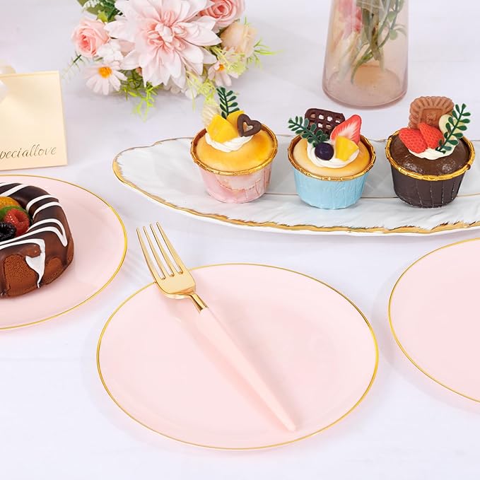 LIYH 96 Pcs Pink Gold Disposable Dessert Plates & Forks Set - 7.5 Inch Salad Cake Appetizer Plastic Plates for Parties, Birthdays, Baby Showers 48 Guests