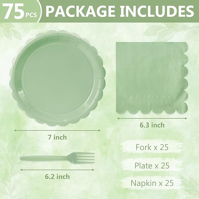 Mulbozy 75 Sage Green Plates and Napkins Disposable Set Includes 25 Dessert Cake Scalloped Plates, Cocktail Napkins & Forks, for Fork 25 Guests Holiday Party Supplies.