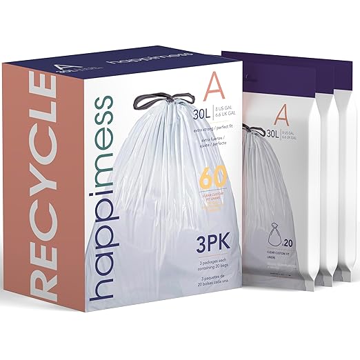happimess HPM3000A-CLEAR 7.9 Gallon Kitchen Drawstring Trash Bags, Trash Can Liner, Clear, 60 Count, 3-Packs of 20 Liners