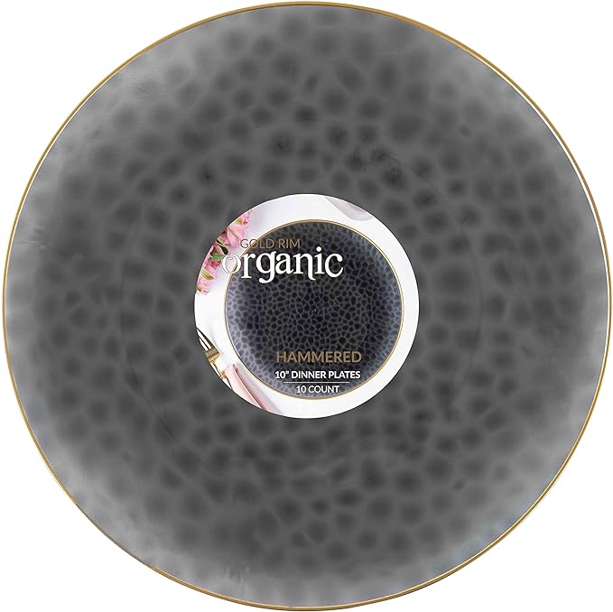 PlasticPro 30 Pack Hammered Plastic Plates Heavyweight Disposable Plastic Plates Elegant Black Transparent Plates With Gold Rim Platsic Party Dishes (Transparent Black With Gold Rim, 10'' INCH PLATES)