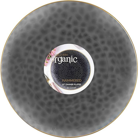 PlasticPro 30 Pack Hammered Plastic Plates Heavyweight Disposable Plastic Plates Elegant Black Transparent Plates With Gold Rim Platsic Party Dishes (Transparent Black With Gold Rim, 10'' INCH PLATES)